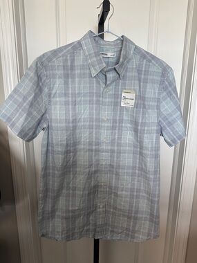 Sonoma Light Blue and Light Gray Plaid Short Sleeve Button-Down Shirt